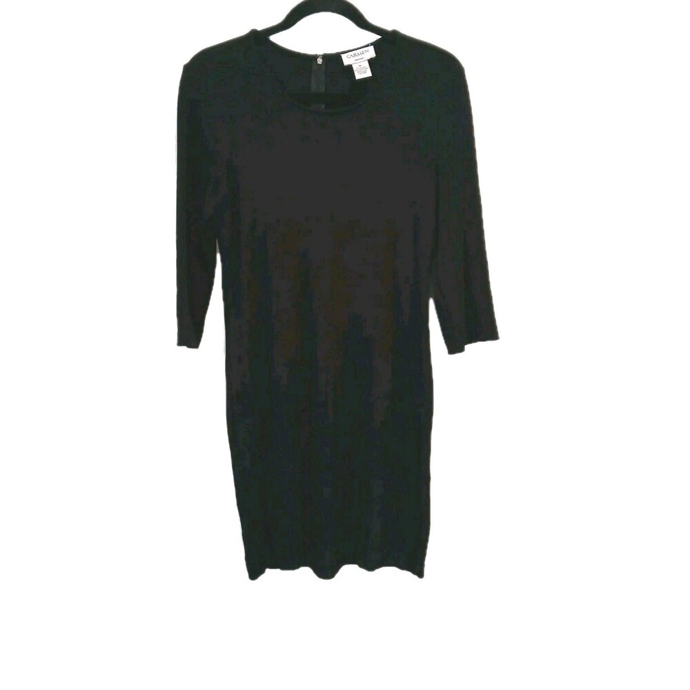 Carmen Marc Valvo Sheath Dress Black Stretch Midi Size Medium 3/4 Sleeve No Slit